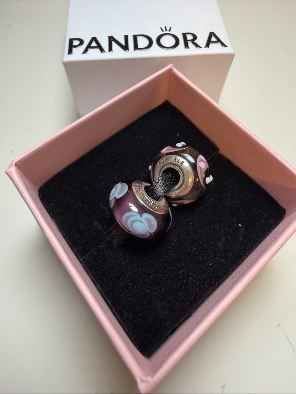 Pandora Purple Pink Floral Murano Glass Charm Pair - Picture 4 of 5